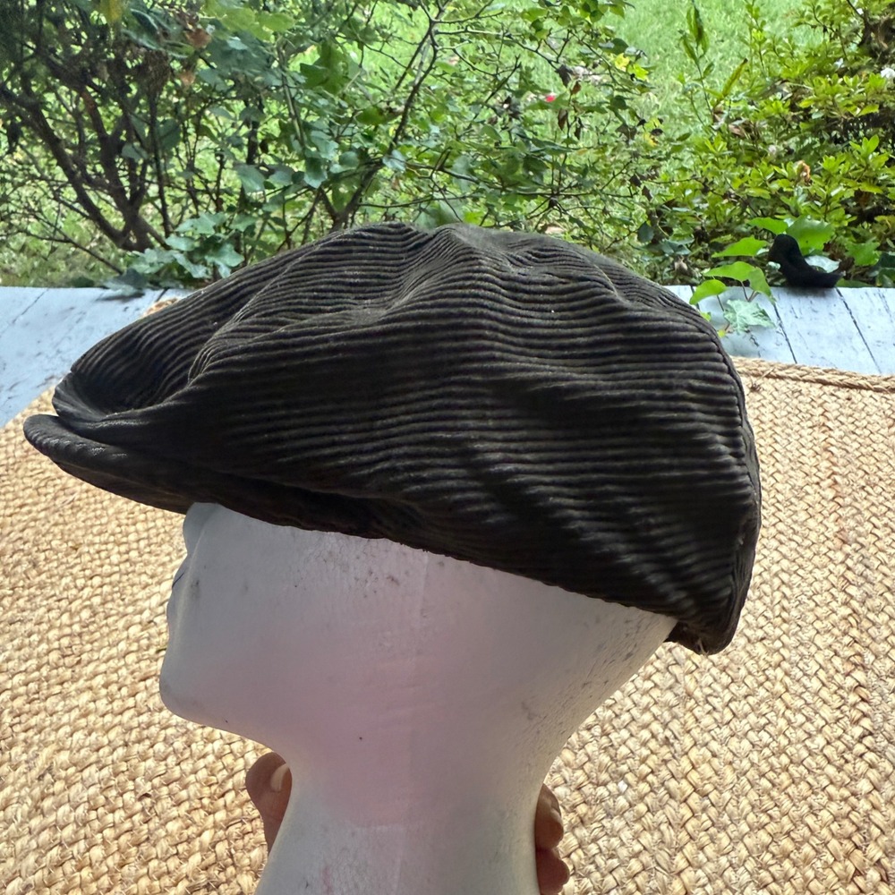Vintage Corduroy Flat Cap Newsboy Hat Dark Olive Brown Wide Wale Retro Grandpa